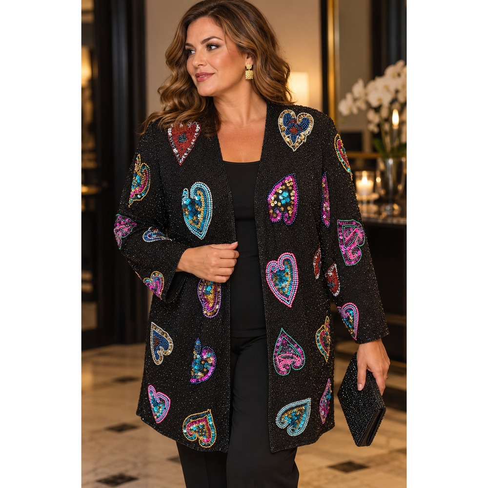 Royal Feelings Silk Beaded Heart Jacket Black Multi Sequin Open Front 1X
